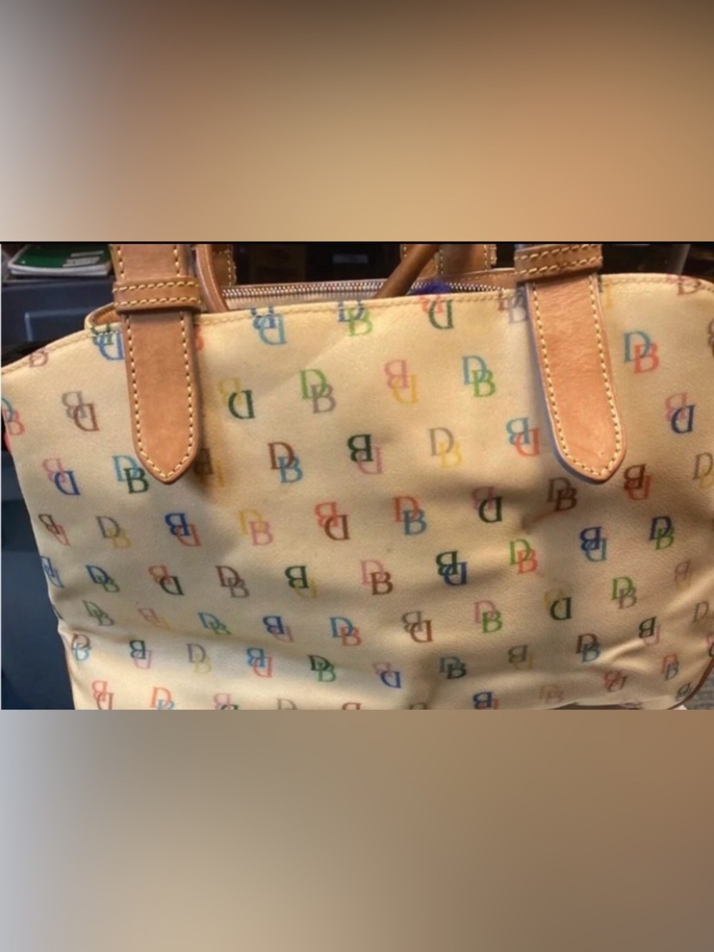 Dooney & Bourke  Rehab Beige Canvas Tote with Multicolor DB Print